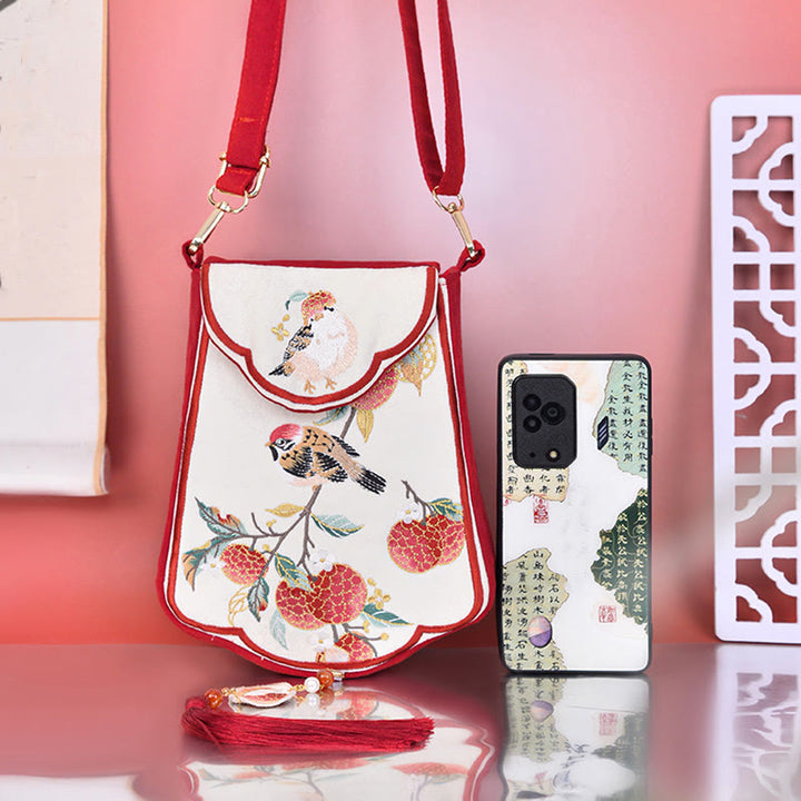 Borsa a tracolla con nappa e ricamo di lychee con Buddha Stones, borsa a tracolla