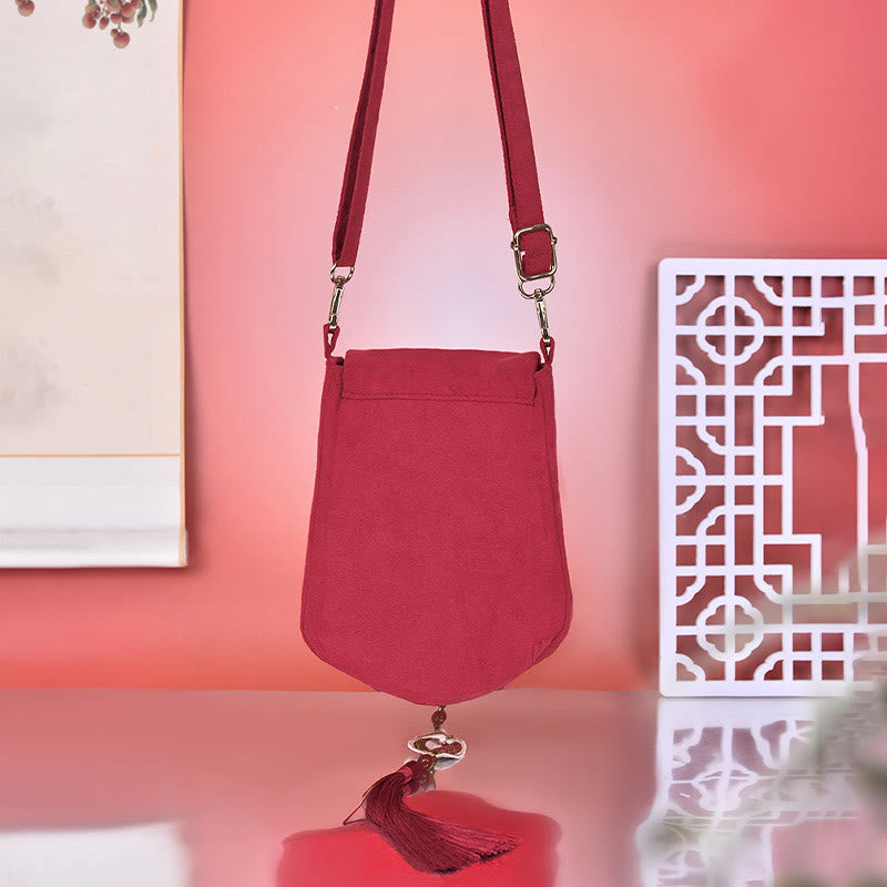 Borsa a tracolla con nappa e ricamo di lychee con Buddha Stones, borsa a tracolla