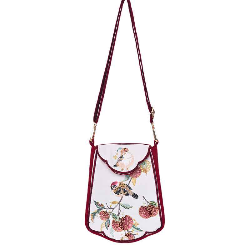 Borsa a tracolla con nappa e ricamo di lychee con Buddha Stones, borsa a tracolla