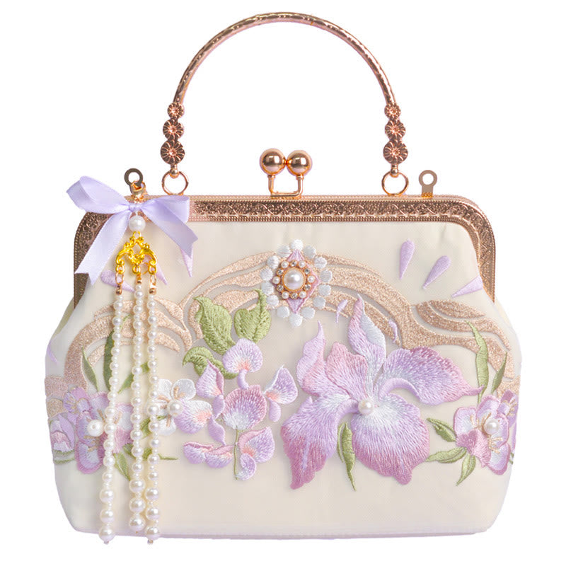 Buddha Stones Fiori Ricamato Nappa Pendente Perla Catena Metallo Borsa A Tracolla Borse
