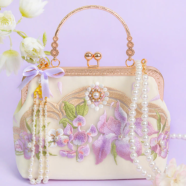 Buddha Stones Fiori Ricamato Nappa Pendente Perla Catena Metallo Borsa A Tracolla Borse