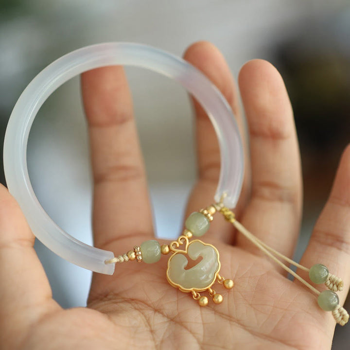 Buddha Stones Calcedonio Giada Hetian Argento Sterling 925 Nuvola di Buon Auspicio Ruyi Lock Harmony Braccialetto Mezza Bracciale