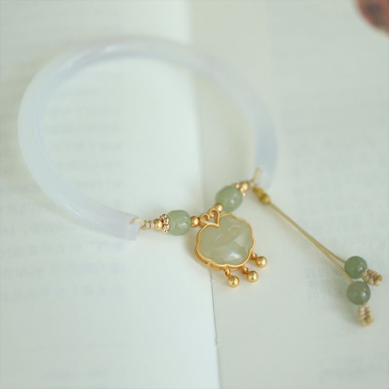 Buddha Stones Calcedonio Giada Hetian Argento Sterling 925 Nuvola di Buon Auspicio Ruyi Lock Harmony Braccialetto Mezza Bracciale