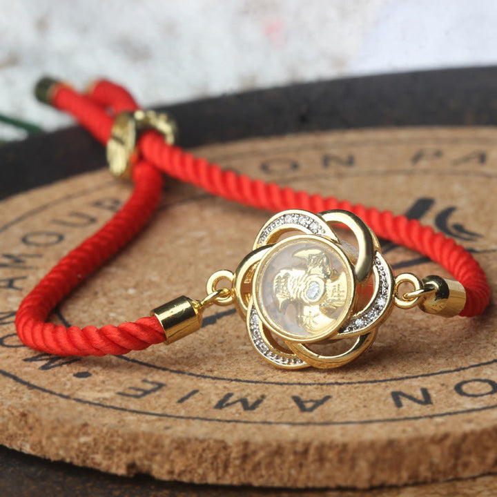 Buddha Stones Rotanti Prugna Rosso Corda Rame Ottone Mulino a Vento Feng Sheng Shui Qi Protezione Bracciale Intrecciato