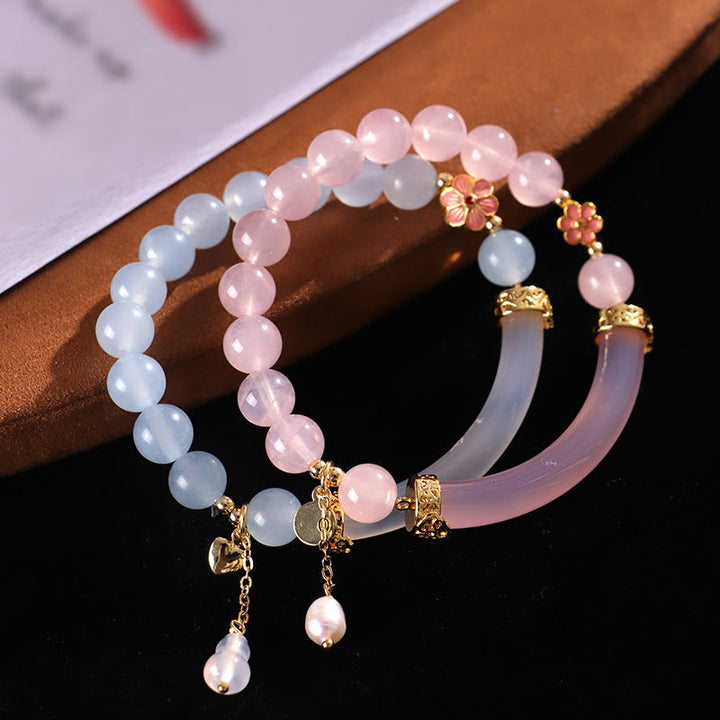Braccialetto a metà polsino in perle di calcedonio blu e cristallo rosa Buddha Stones - image 10