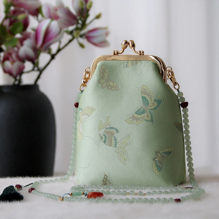 Borsa a tracolla con catena di perle e ricamo cinese retrò Buddha Stones - Farfalla verde pallido 14*6*18cm - image 3