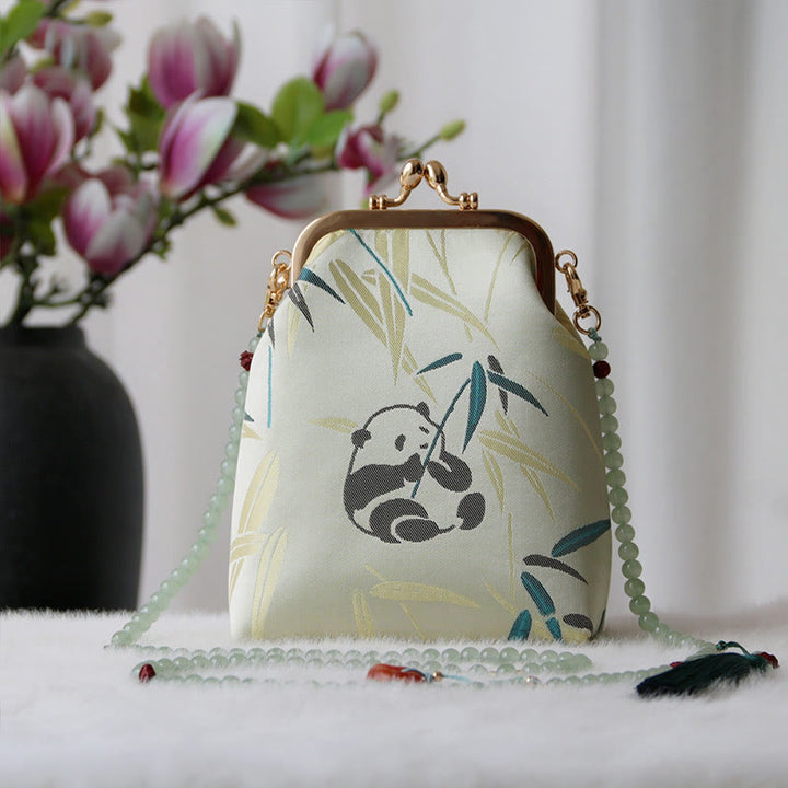 Borsa a tracolla con catena di perle e ricamo cinese retrò Buddha Stones - Bambù Panda verde pallido 14*6*18cm - image 7