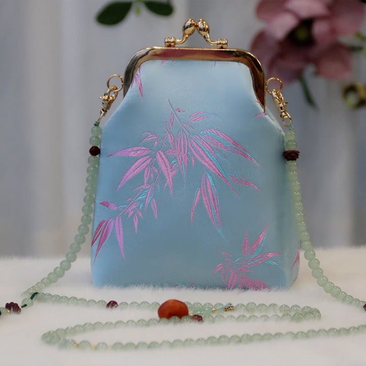 Borsa a tracolla con catena di perle e ricamo cinese retrò Buddha Stones - Foglie di bambù blu cielo chiaro 14*6*18 cm - image 10