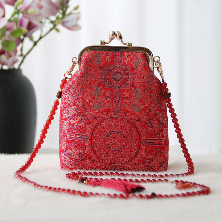 Borsa a tracolla con catena di perle e ricamo cinese retrò Buddha Stones - Ricamo di fiori rossi 14*6*18cm - image 11