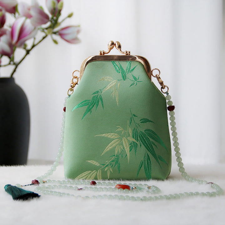 Borsa a tracolla con catena di perle e ricamo cinese retrò Buddha Stones - Foglie di bambù SpringGreen 14*6*18cm - image 16