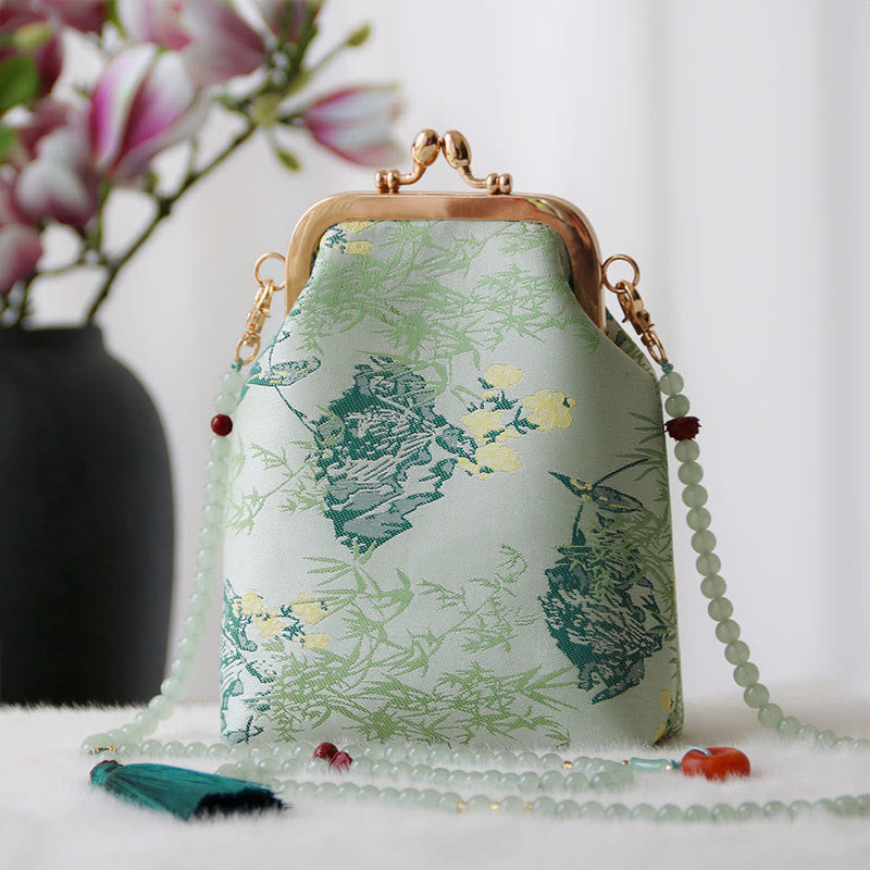 Borsa a tracolla con catena di perle e ricamo cinese retrò Buddha Stones - Foglie di acquamarina 14*6*18cm - image 17