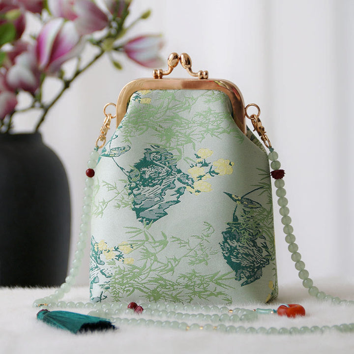 Borsa a tracolla con catena di perle e ricamo cinese retrò Buddha Stones - Foglie di acquamarina 14*6*18cm - image 17