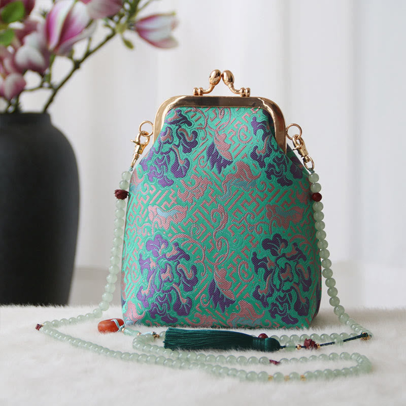 Borsa a tracolla con catena di perle e ricamo cinese retrò Buddha Stones - Fiore verde primaverile medio 14*6*18cm - image 18