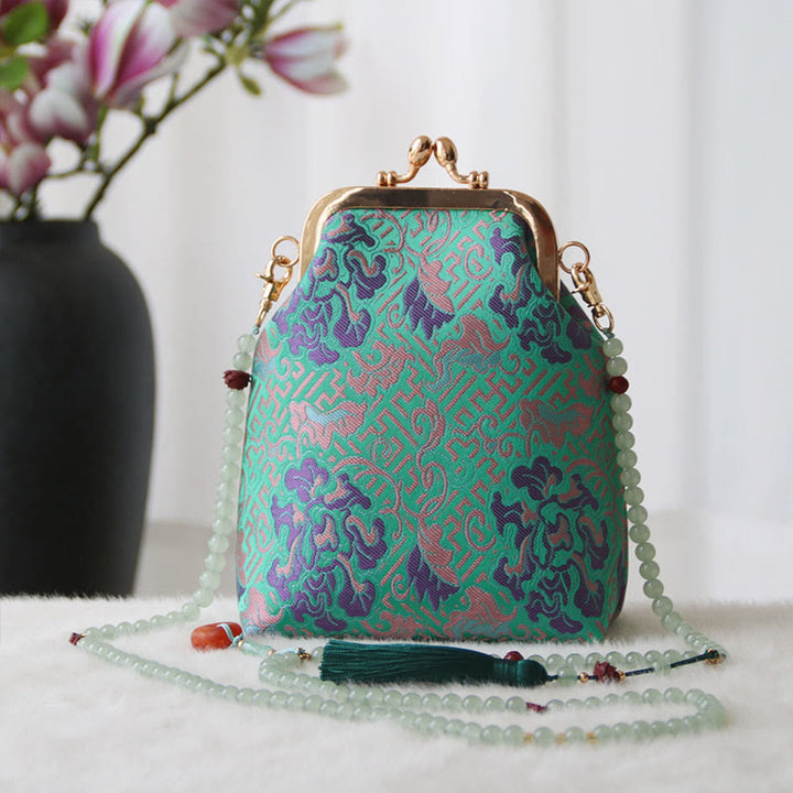 Borsa a tracolla con catena di perle e ricamo cinese retrò Buddha Stones - Fiore verde primaverile medio 14*6*18cm - image 18