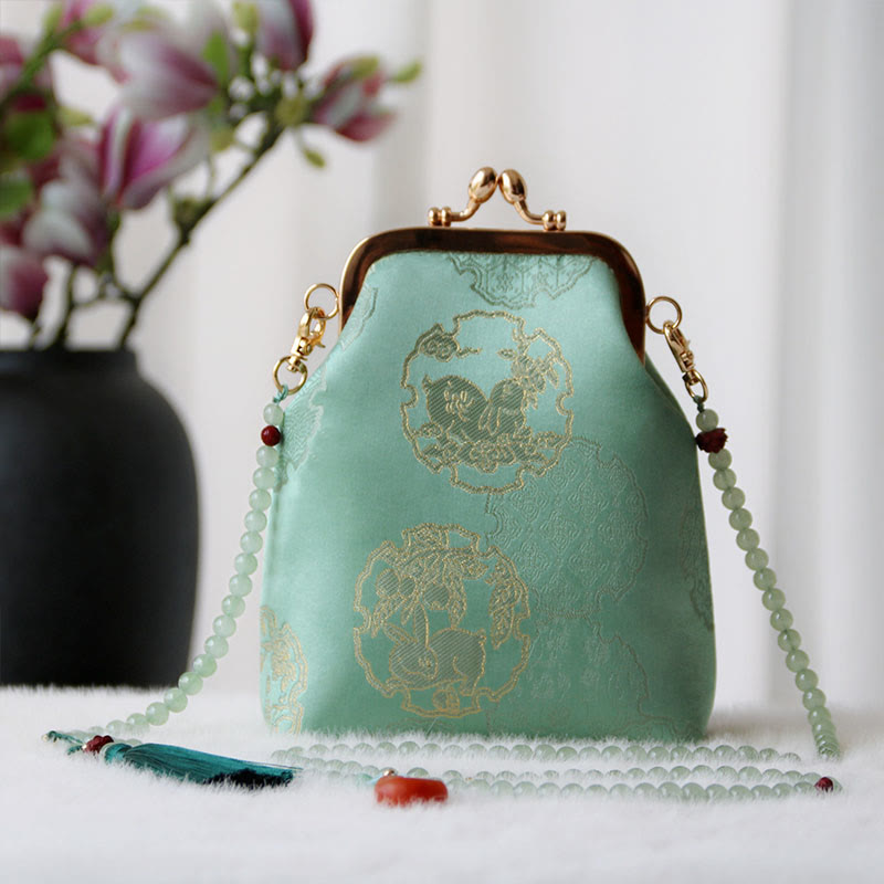 Borsa a tracolla con catena di perle e ricamo cinese retrò Buddha Stones - Coniglio verde primavera medio 14*6*18cm - image 20