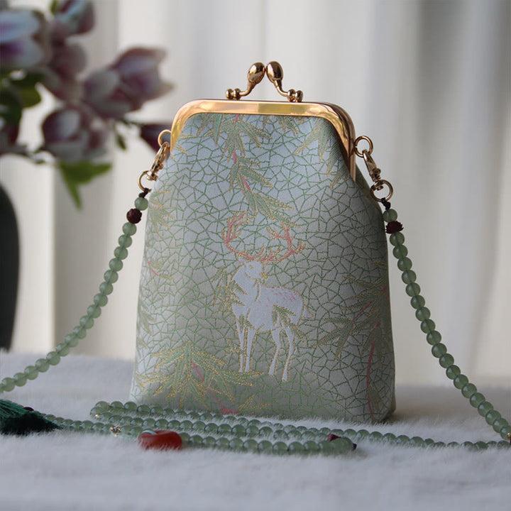 Borsa a tracolla con catena di perle e ricamo cinese retrò Buddha Stones - Cervo verde mare scuro 14*6*18cm - image 22