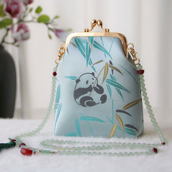 Borsa a tracolla con catena di perle e ricamo cinese retrò Buddha Stones - Bambù Panda ciano 14*6*18cm - image 23