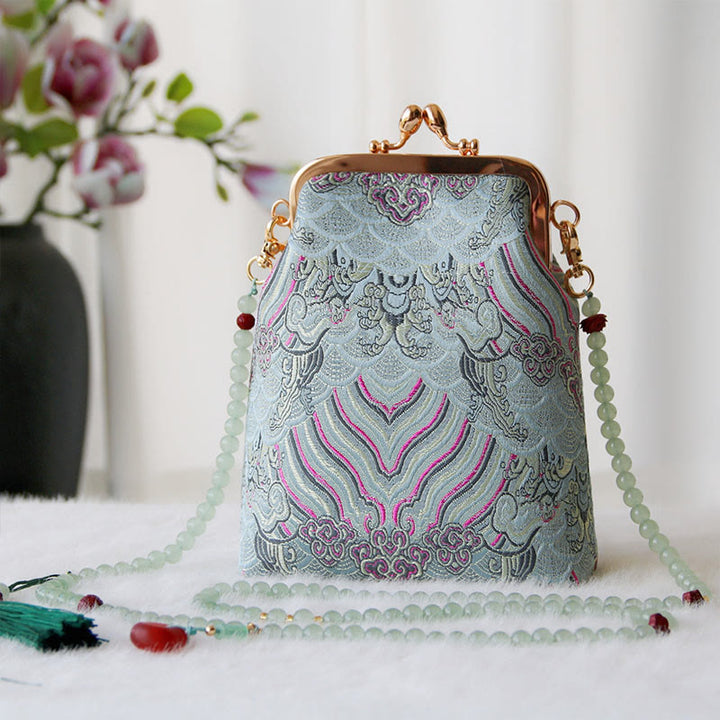 Borsa a tracolla con catena di perle e ricamo cinese retrò Buddha Stones - Nuvole di buon auspicio blu cielo chiaro 14*6*18cm - image 25