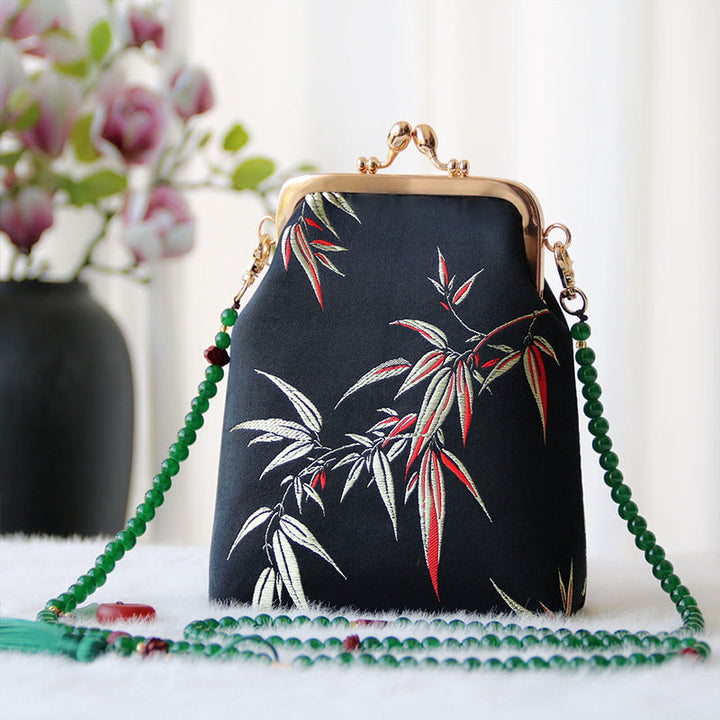 Borsa a tracolla con catena di perle e ricamo cinese retrò Buddha Stones - Foglie di bambù nero 14*6*18cm - image 24