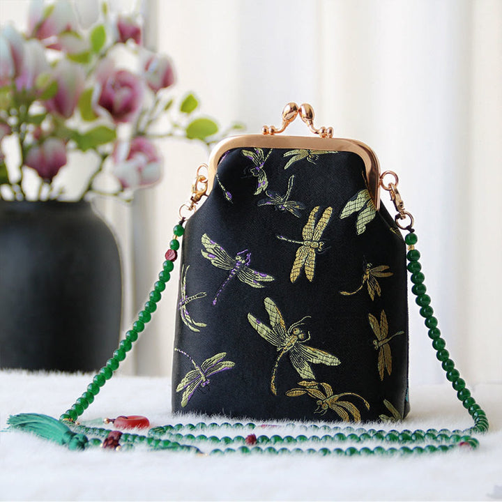 Borsa a tracolla con catena di perle e ricamo cinese retrò Buddha Stones - Libellula nera 14*6*18cm - image 26