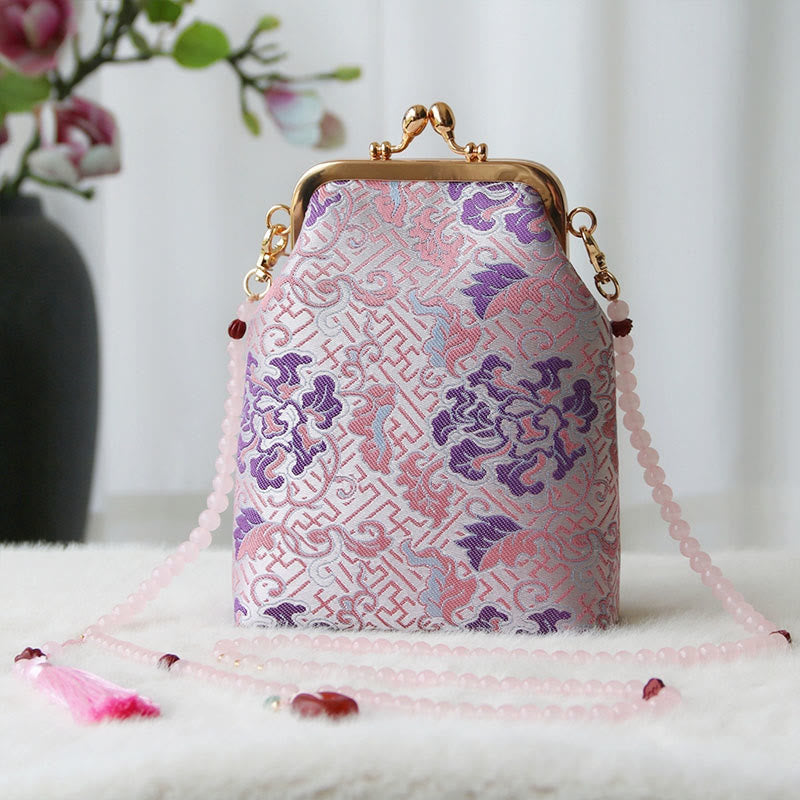 Borsa a tracolla con catena di perle e ricamo cinese retrò Buddha Stones - Fiore rosa chiaro 14*6*18cm - image 31