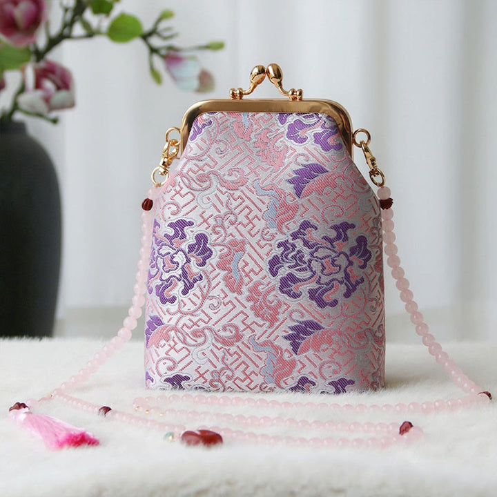 Borsa a tracolla con catena di perle e ricamo cinese retrò Buddha Stones - Fiore rosa chiaro 14*6*18cm - image 31