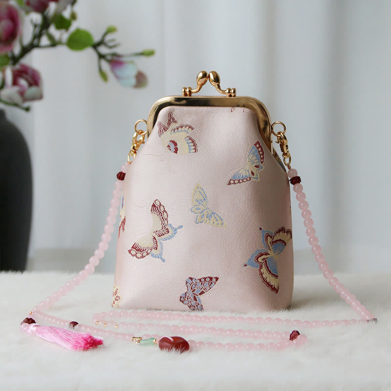 Borsa a tracolla con catena di perle e ricamo cinese retrò Buddha Stones - Farfalla rosa 14*6*18cm - image 30