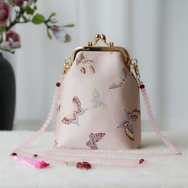 Borsa a tracolla con catena di perle e ricamo cinese retrò Buddha Stones - Farfalla rosa 14*6*18cm - image 30