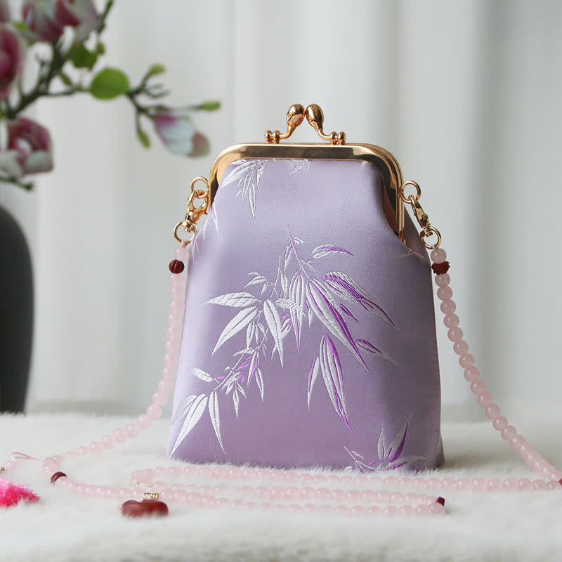 Borsa a tracolla con catena di perle e ricamo cinese retrò Buddha Stones - Foglie di bambù viola 14*6*18cm - image 32