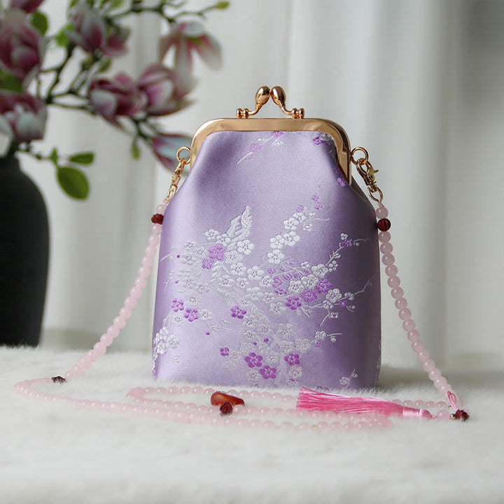 Borsa a tracolla con catena di perle e ricamo cinese retrò Buddha Stones - Orchidea prugna 14*6*18cm - image 33