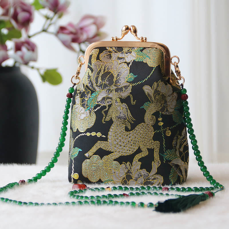 Borsa a tracolla con catena di perle e ricamo cinese retrò Buddha Stones - Peonia Kirin nera 14*6*18cm - image 35
