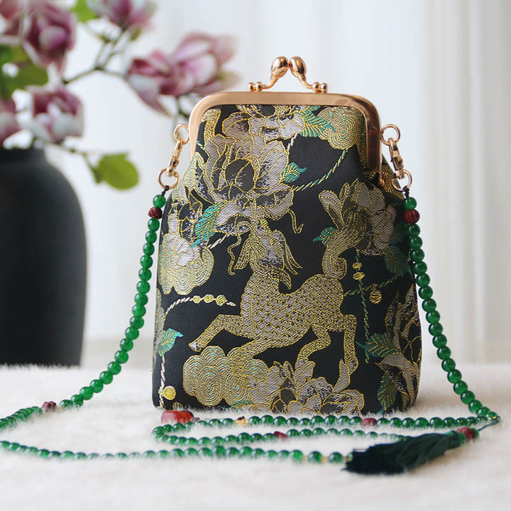 Borsa a tracolla con catena di perle e ricamo cinese retrò Buddha Stones - Peonia Kirin nera 14*6*18cm - image 35