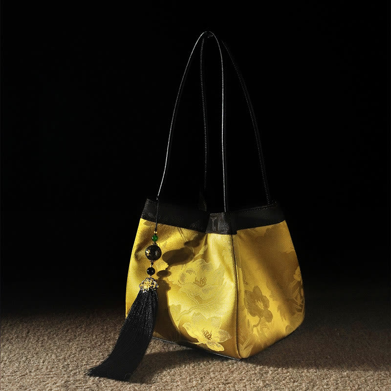 Buddha Stones Retro Fiore Farfalla Uccello Ricamo Perlina Nappa Seta di gelso Jacquard Xiangyunsha Seta Borsa a tracolla Hangbags