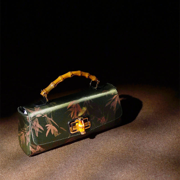 Borsa a tracolla con catena in metallo, manico in bambù , Buddha Stones, foglie, rami