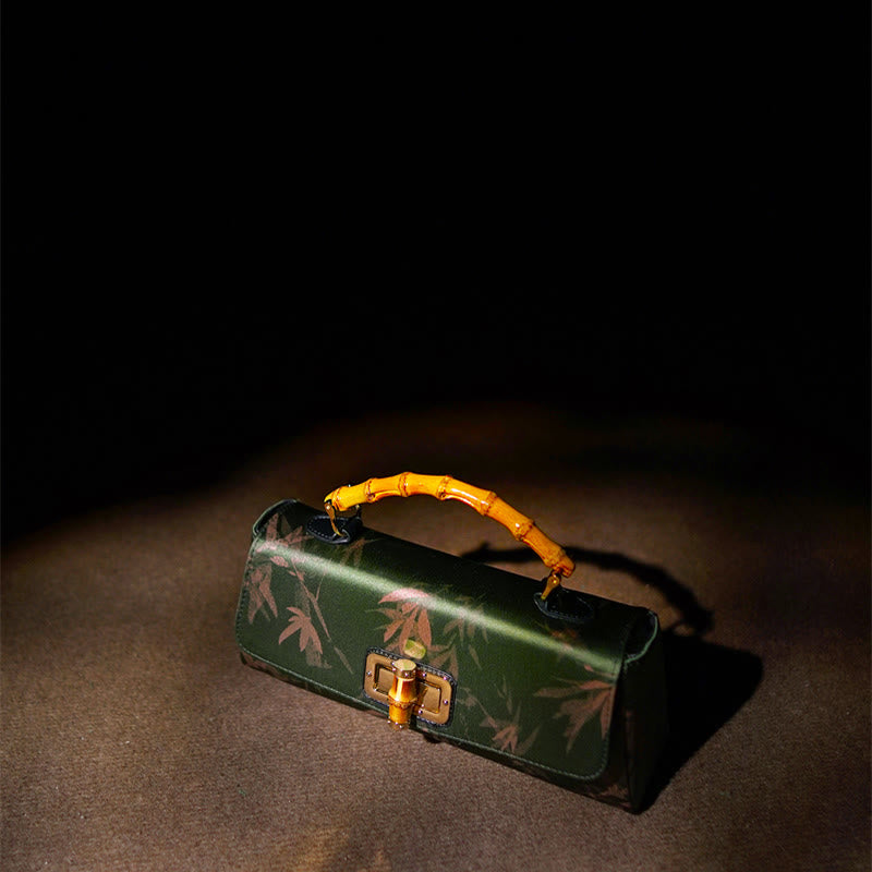 Borsa a tracolla con catena in metallo, manico in bambù , Buddha Stones, foglie, rami