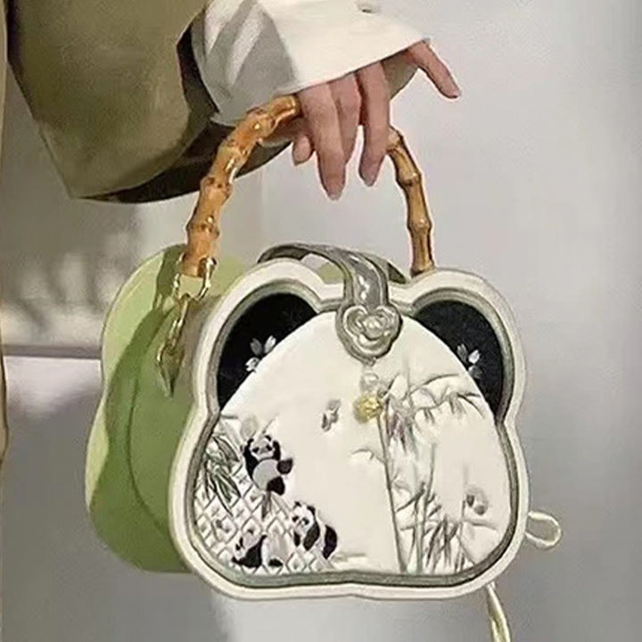 Buddha Stones Panda Bamboo Ricamo Perla Catena Nodo Cinese Nappa Borsa a Tracolla Borse