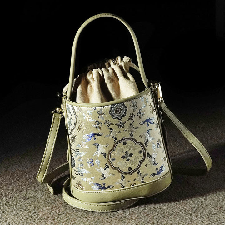 Borsa a tracolla in broccato con ciondolo a forma di gru e cervo, stile retrò, Buddha Stones