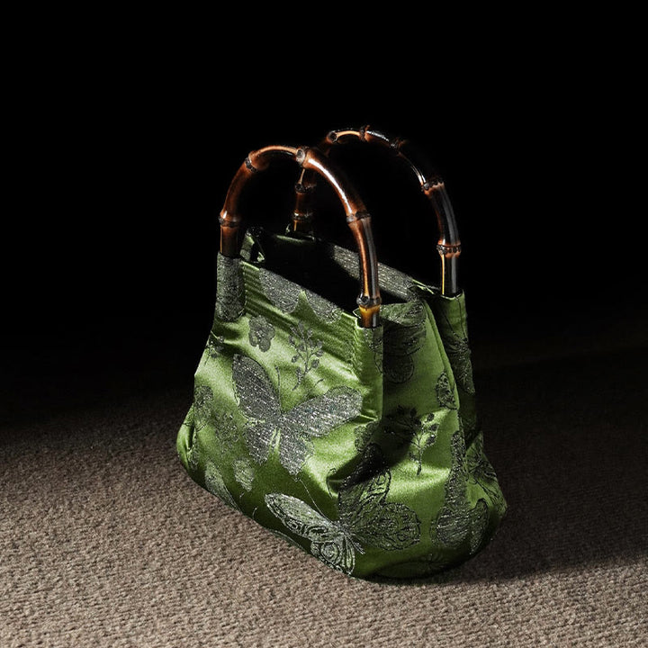 Borsa a tracolla con catena in metallo e manico in bambù, motivo : Buddha Stones Jacquard Flowers Butterfly Hangbags