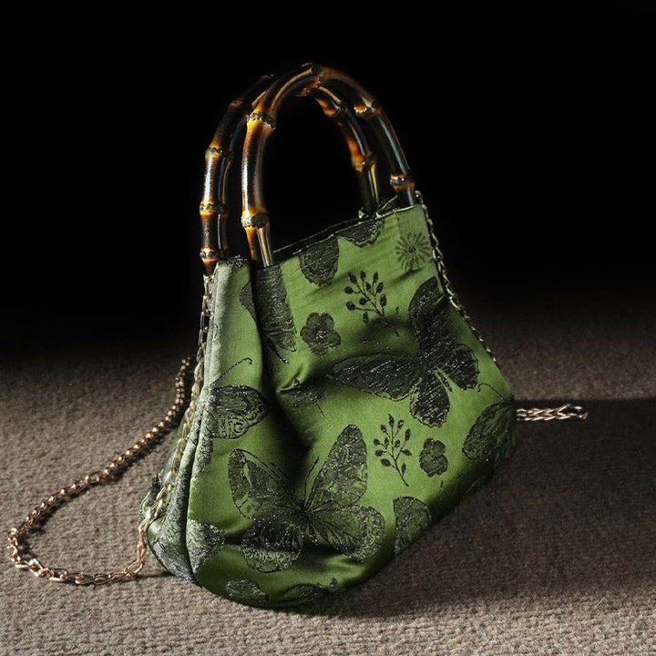 Borsa a tracolla con catena in metallo e manico in bambù, motivo : Buddha Stones Jacquard Flowers Butterfly Hangbags