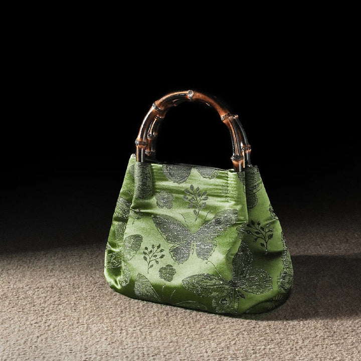Borsa a tracolla con catena in metallo e manico in bambù, motivo : Buddha Stones Jacquard Flowers Butterfly Hangbags