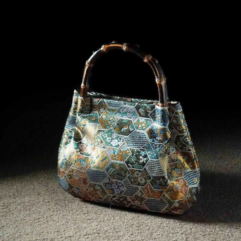 Borsa a tracolla con catena in metallo e manico in bambù, motivo : Buddha Stones Jacquard Flowers Butterfly Hangbags