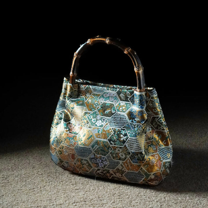 Borsa a tracolla con catena in metallo e manico in bambù, motivo : Buddha Stones Jacquard Flowers Butterfly Hangbags