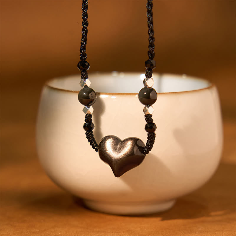 Collana Buddha Stones lucida e argento naturale con protezione del cuore