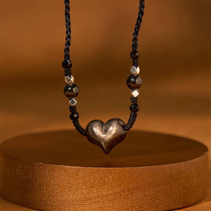 Collana Buddha Stones lucida e argento naturale con protezione del cuore