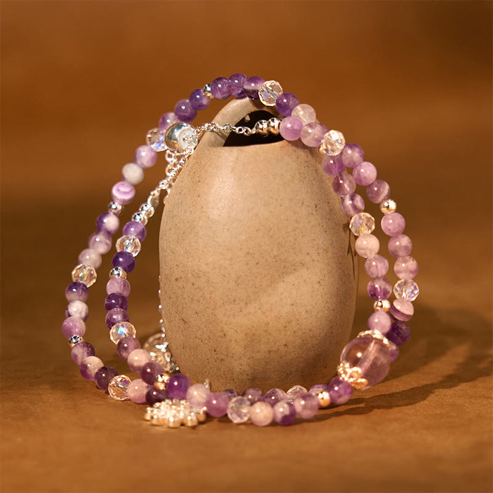 Braccialetto a doppio giro con consapevolezza spirituale in cristallo di ametista e girasole , Buddha Stones