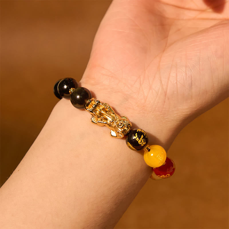 Buddha Stones Natural Gold Sheen Ossidiana PiXiu Cinque Direzioni Braccialetto di Protezione degli Dei della Ricchezza