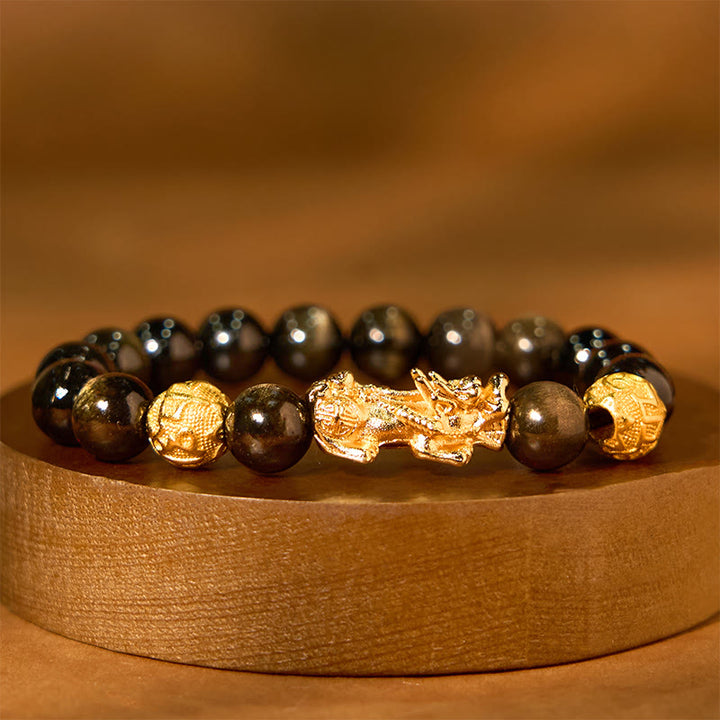 Braccialetto della ricchezza PiXiu Om Mani Padme Hum in ossidiana naturale lucidata in oro Buddha Stones
