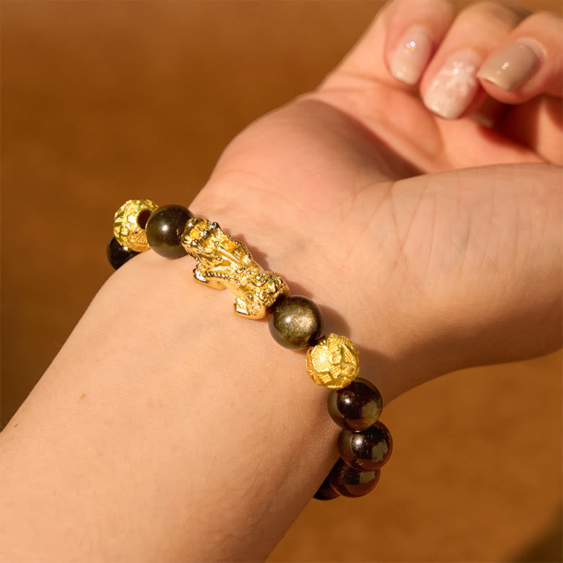 Braccialetto della ricchezza PiXiu Om Mani Padme Hum in ossidiana naturale lucidata in oro Buddha Stones