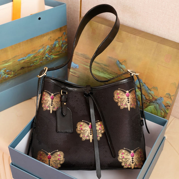 Buddha Stones Handmade Flower Gru Cervo Farfalla Canzone Broccato Borsa a tracolla Hangbags