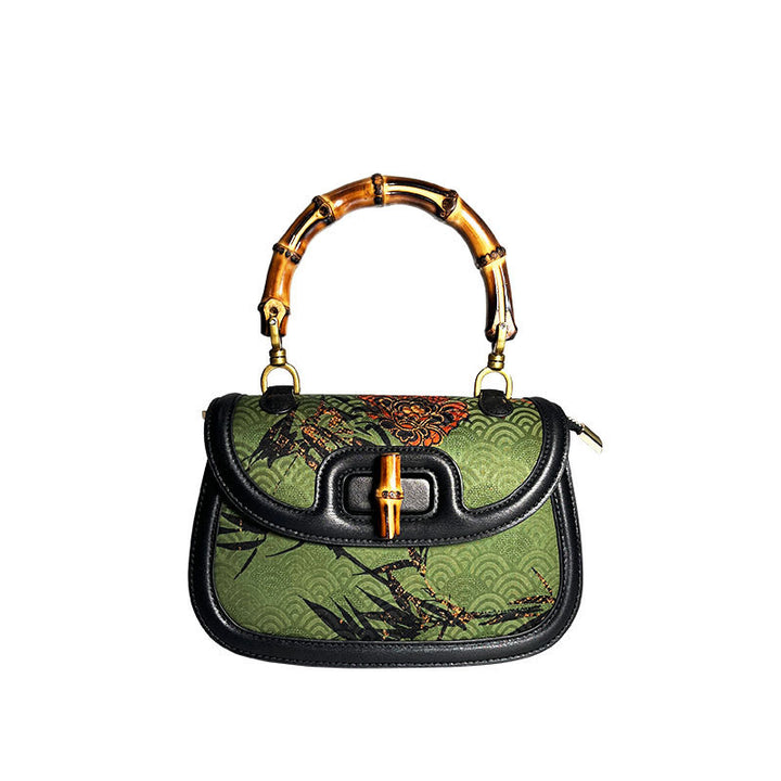 Borsa a tracolla in seta Xiangyunsha con manico in bambù e fiore curvo Buddha Stones